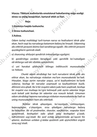 tibbiyot xodimlarida emotsional hokatlarning oziga xosligi: stress va uning bosqichlari, bartaraf etish yo’llari — DOCX