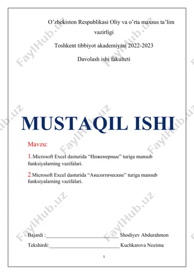 microsoft excel dasturida "инженерные" va "аналитические" turiga mansub funksiyalarning vazifalari — DOCX