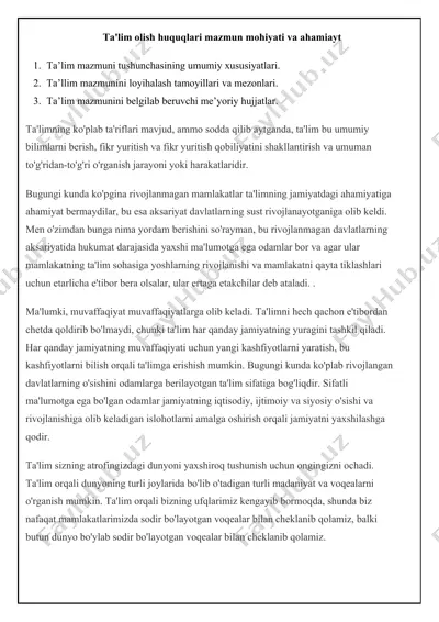 ta'lim olish huquqlari mazmun mohiyati va ahamiayt — DOCX