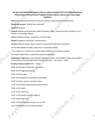 mtt tarbiyachisi sifatida bir kunlik to`liq faoliyatni rejalashtirish va modellashtirish — DOCX