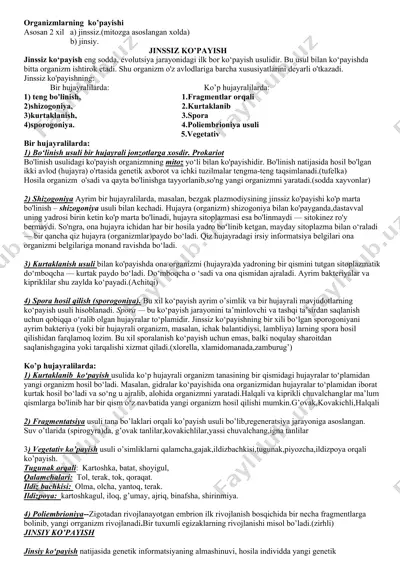 organizmlarning ko’payishi gametagenez biologiya dan — DOC