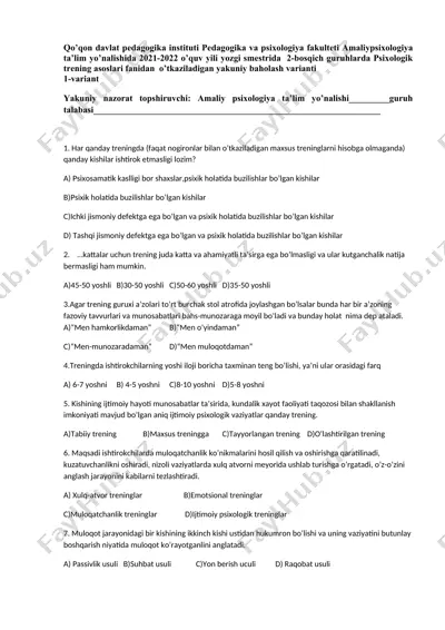 psixologik trening asoslari fanidan yakuniy baholash varianti — DOCX
