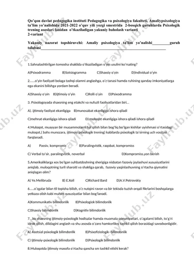 psixologik trening asoslari fanidan yakuniy baholash varianti — DOCX