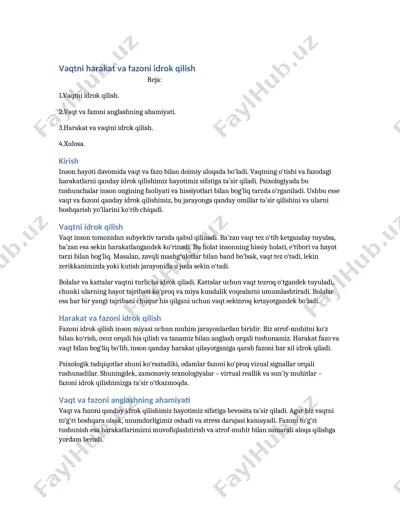 vaqtni harakat va fazoni idrok qilish — DOCX