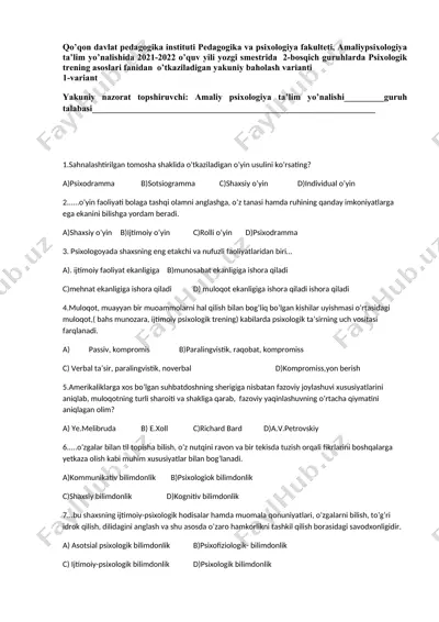 psixologik trening asoslari fanidan yakuniy baholash varianti — DOCX