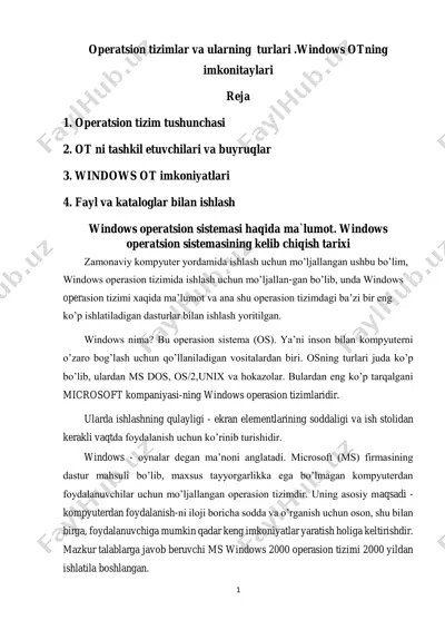 windows operatsion tizimlari va ularning turlari — PDF