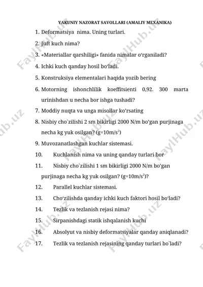 yakuniy nazorat savollari (amaliy mexanika) — DOCX