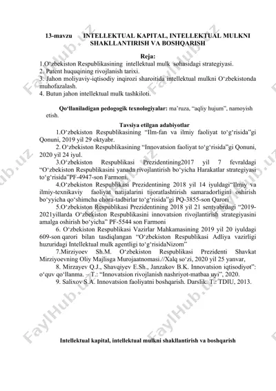 intellektual kapital, intellektual mulkni shakllantirish va boshqarish — DOCX