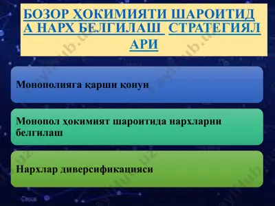 bozor ҳокимияти шaroitiда нарх белгилаш стратегиялари — PPTX