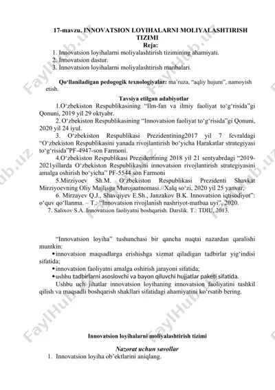 innovatsion loyihalarni moliyalashtirish tizimi — DOCX