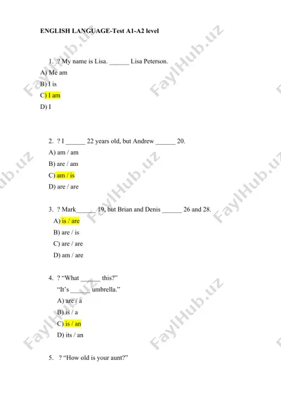 english language-test a1-a2 level — DOCX
