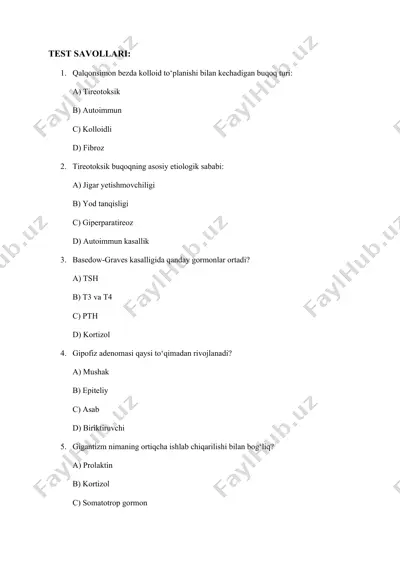 endokrinologiya test savollari — DOCX