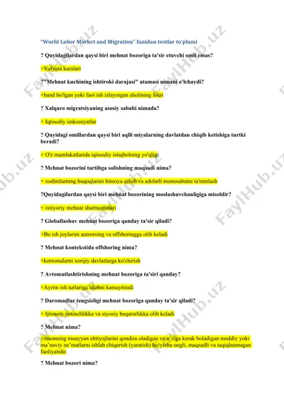 "world labor market and migration" fanidan testlar to’plami — DOCX