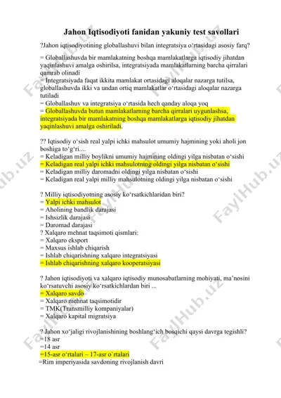 jahon iqtisodiyoti fanidan yakuniy test savollari — DOCX