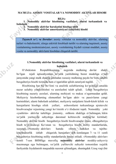 ma’ruza: asosiy vositalar va nomoddiy aktivlar hisobi — DOCX