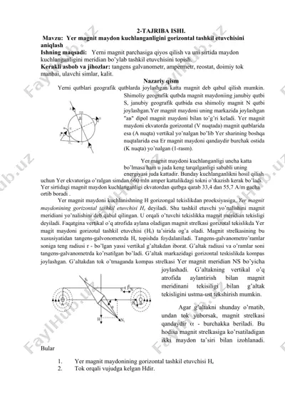 yer magnit maydon kuchlanganligini gorizontal tashkil etuvchisini aniqlash — DOCX