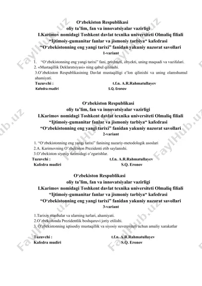 "o‘zbekistonning eng yangi tarixi" fanidan yakuniy nazorat savollari — DOCX