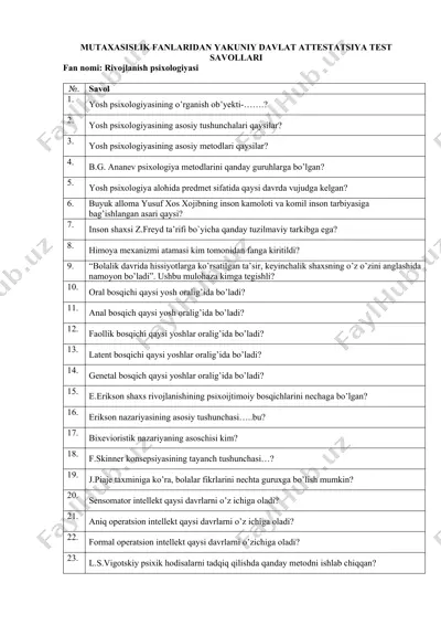 mutaxasislik fanlaridan yakuniy davlat attestatsiya test savollari — DOCX