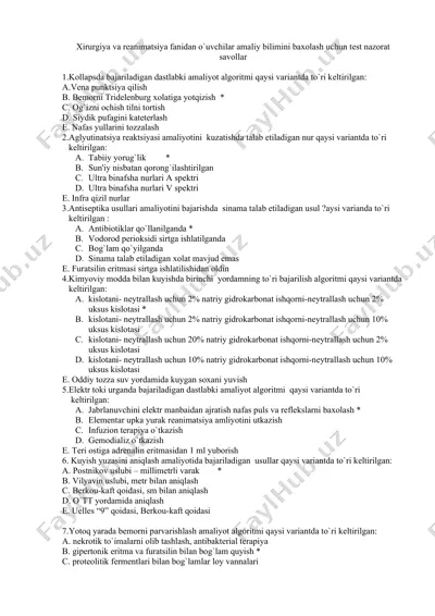 xirurgiya va reanimatsiya fanidan o'quvchilar amaliy bilimini baxolash uchun test nazorat savollar — DOCX
