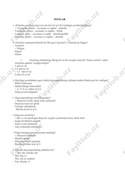 falsafa testlar — DOCX