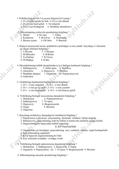 mikroskopni o‘rganish test savollari — DOCX