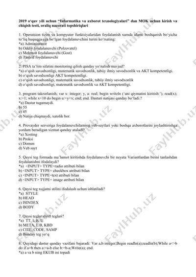 2019 o‘quv yili uchun “informatika va axborot texnologiyalari” dan mok uchun kirish va chiqish testi, oraliq nazorati topshiriqlari — DOCX