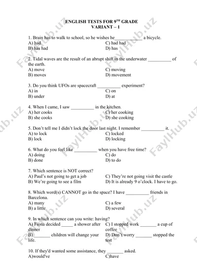 english tests for 9th grade — DOCX