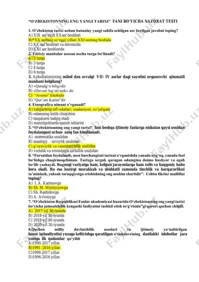 o‘zbekistonning eng yangi tarixi fani bo'yicha nazorat testi — PDF