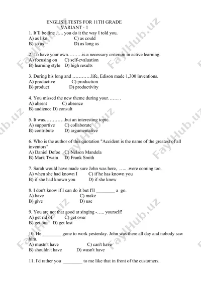 english tests for 11th grade — DOCX