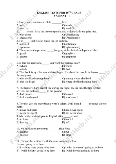 english tests for 10th grade — DOCX