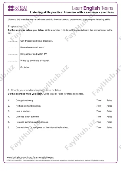 listening skills practice: interview with a swimmer — PDF
