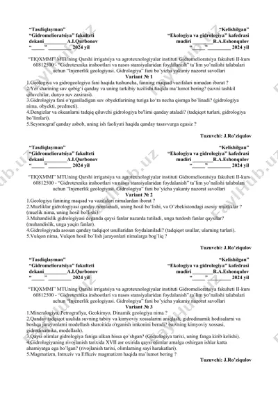 “injenerlik geologiyasi. gidrologiya” fani bo'yicha yakuniy nazorat savollari — DOCX