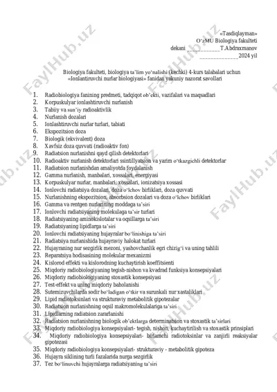 ionlantiruvchi nurlar biologiyasi fanidan yakuniy nazorat savollari — PDF
