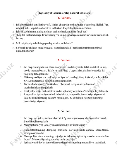 iqtisodiyot fanidan oraliq nazorat savollari — DOCX