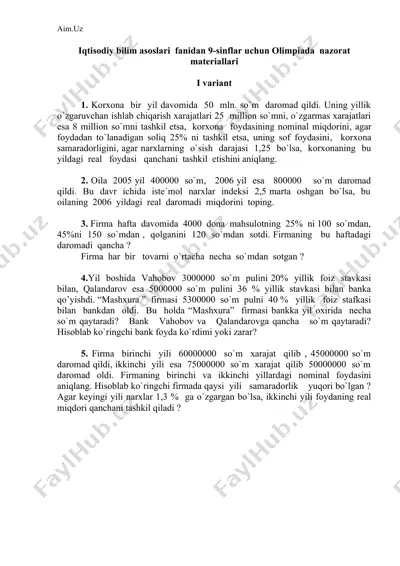 iqtisodiy bilim asoslari fanidan 9-sinflar uchun olimpiada nazorat materiallari — DOCX