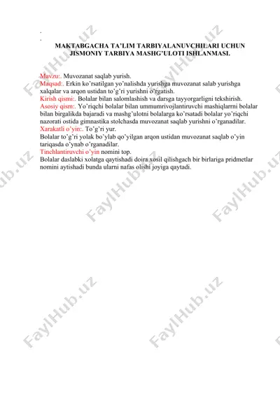 maktabgacha ta’lim tarbiyalanuvchilari uchun jismoniy tarbiya mashg’uloti ishlanmasi — DOCX