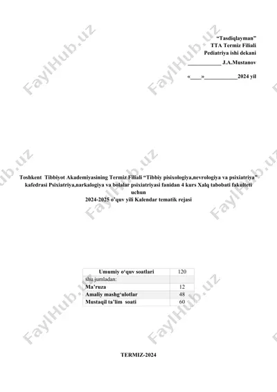 tibbiy pisixologiya, nevrologiya va psixiatriya mashg'ulotlari — DOCX