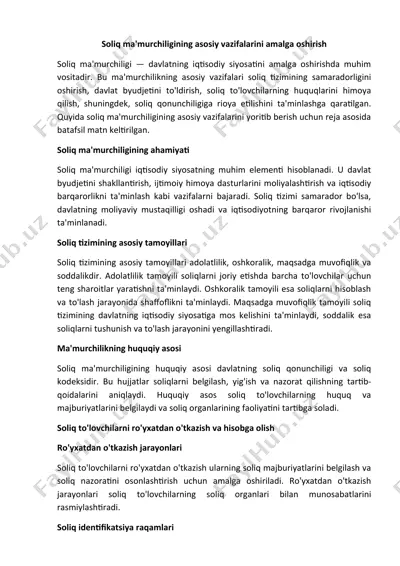 soliq ma'murchiligining asosiy vazifalarini amalga oshirish — DOCX