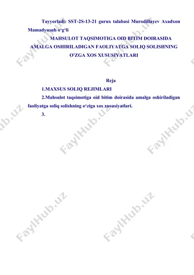 mahsulot taqsimotiga oid bitimlar ishtirokchilariga soliq solishning o‘ziga xos xususiyatlari — DOCX