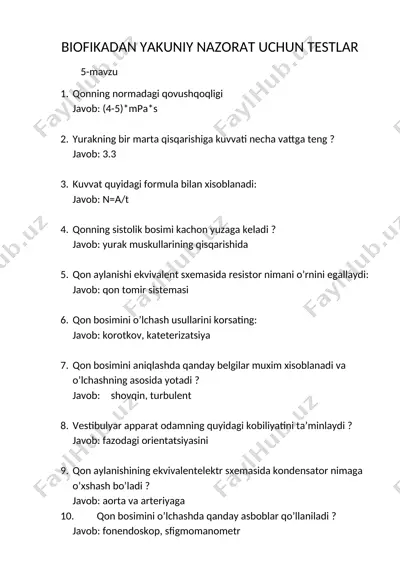 biofikadan yakuniy nazorat uchun testlar — DOCX
