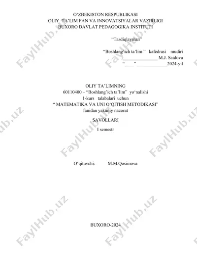 "matematika va uni o‘qitish metodikasi fanidan yakuniy nazorat" — DOCX