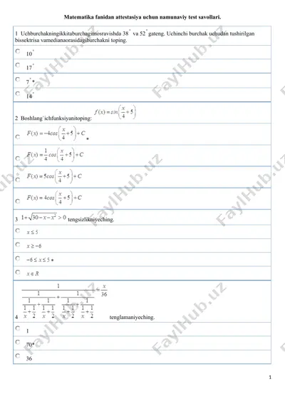 matematika fanidan attestasiya uchun namunaviy test savollari — DOCX