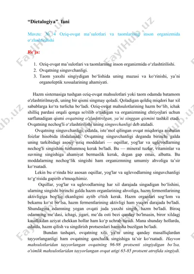oziq-ovqat mahsulotlari va taomlarning inson organizmida o‘zlashtirilishi — DOCX