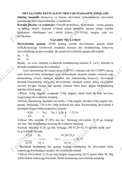 metallning ekvivalent molyar massasini aniqlash — DOCX
