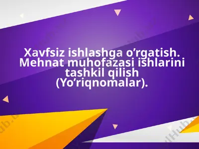 xavfsiz ishlashga o’rgatish. mehnat muhofazasi ishlarini tashkil qilish (yo’riqnomalar) — PPTX