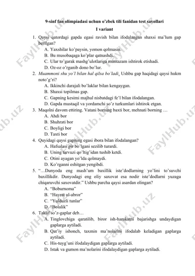 9-sinf fan olimpiadasi uchun o’zbek tili fanidan test savollari — DOCX