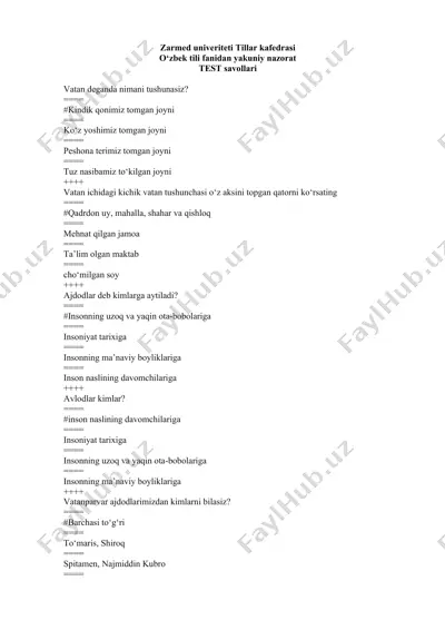 o‘zbek tili fanidan yakuniy nazorat test savollari — DOCX