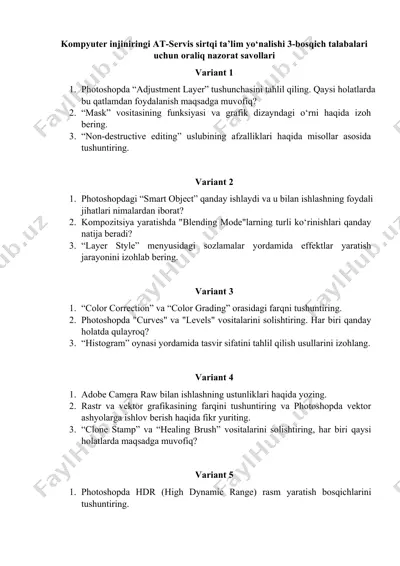 kompyuter injiniringi at-servis sirtqi ta’lim yo‘nalishi 3-bosqich talabalari uchun oraliq nazorat savollari — DOCX