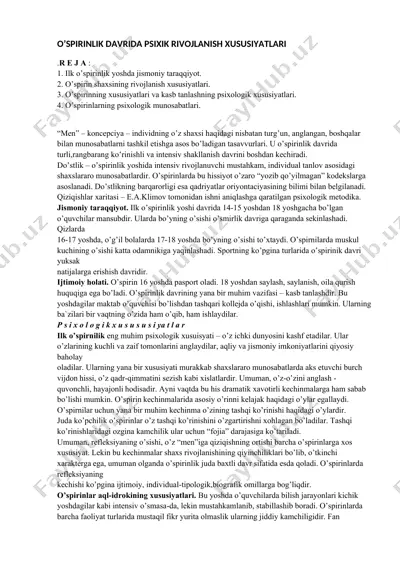 o’spirinlik davrida psixik rivojlanish xususiyatlari — DOCX