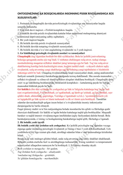 ontogenezning ilk bosqichlarida insonning psixik rivojlanishiga xos xususiyatlari — DOCX